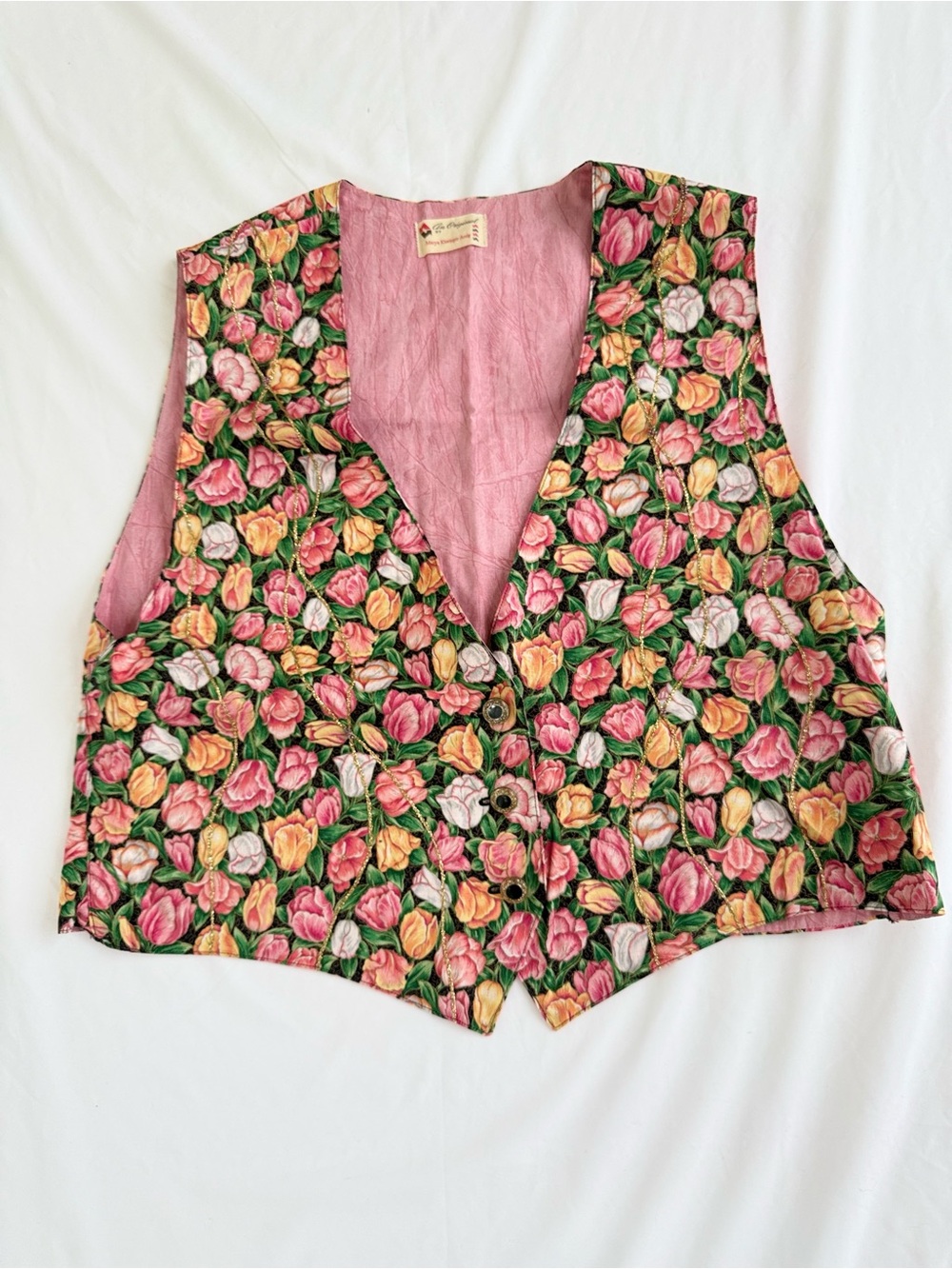 Vintage Floral Tulip Tapestry Vest Pink Gold Thread Prairie Cottage Grandma L